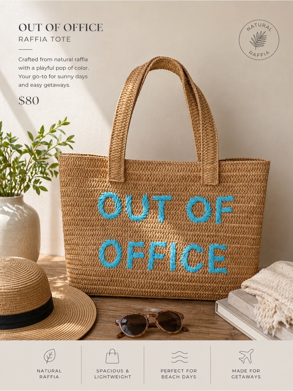 Urban Expressions Natural Raffia Tote with Turquoise Embroidery